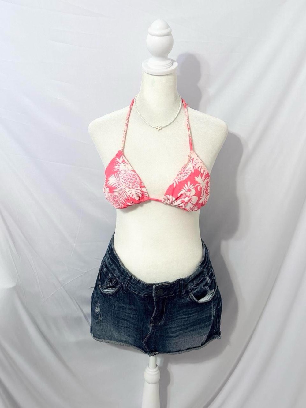 VTG Y2K Pink and White Floral Bikini Top